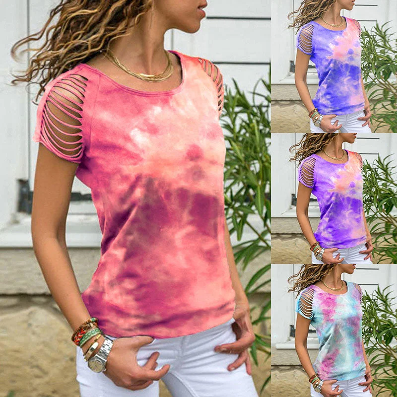 Tie Dye strapless Ripped T-shirt Tee Hipster Fashion Festival Grunge Rainbow Top