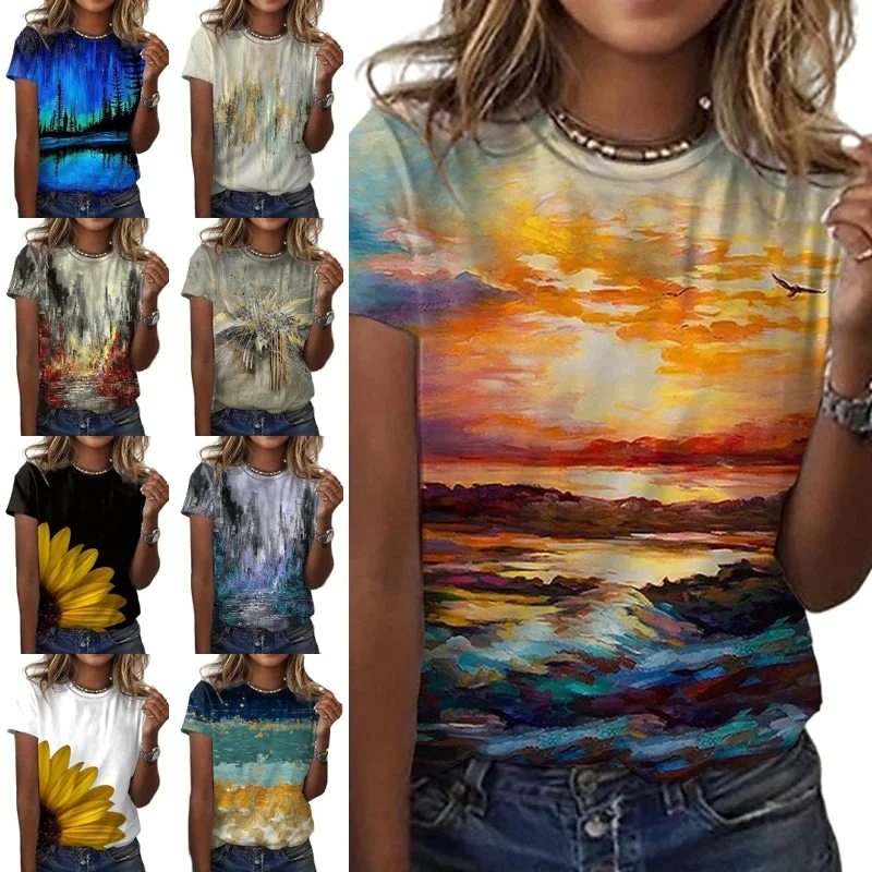 Women Bohemian Short Sleeve T-shirt Fashion Sunset Print Pullover Blouse Tops Summer Beach Casual Loose Work Shirt