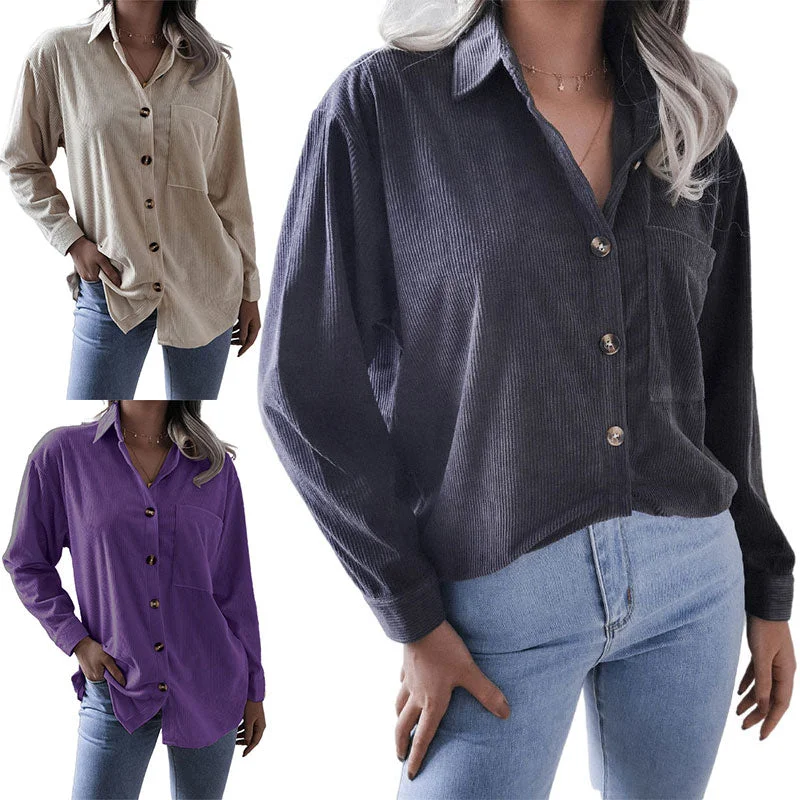 Women Casual Corduroy Shirt Long Sleeve Button Top T-Shirt Cardigan Blouse Tunic