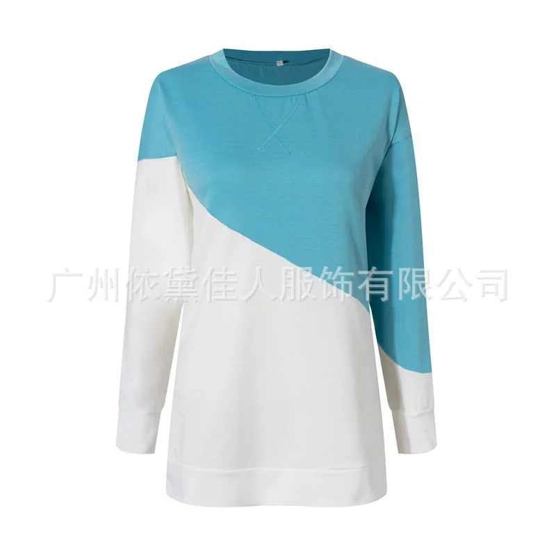 Women Casual Loose Solid Color Splicing Long Sleeve Sweater T-Shirt Pullover Top