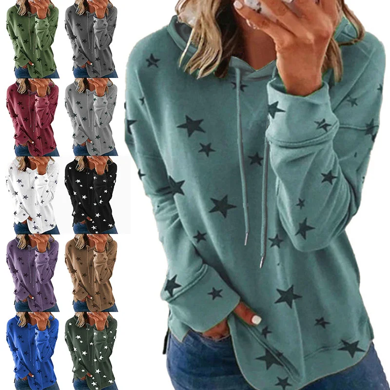 Women Casual Loose Star Printed Hoodie Long Sleeve Sweater T-Shirt Pullover Tops