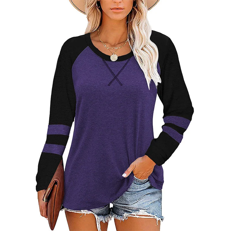 Women Color Matching Crew Neck Long Sleeve T-Shirt Pullover Blouse Top Tunic Tee