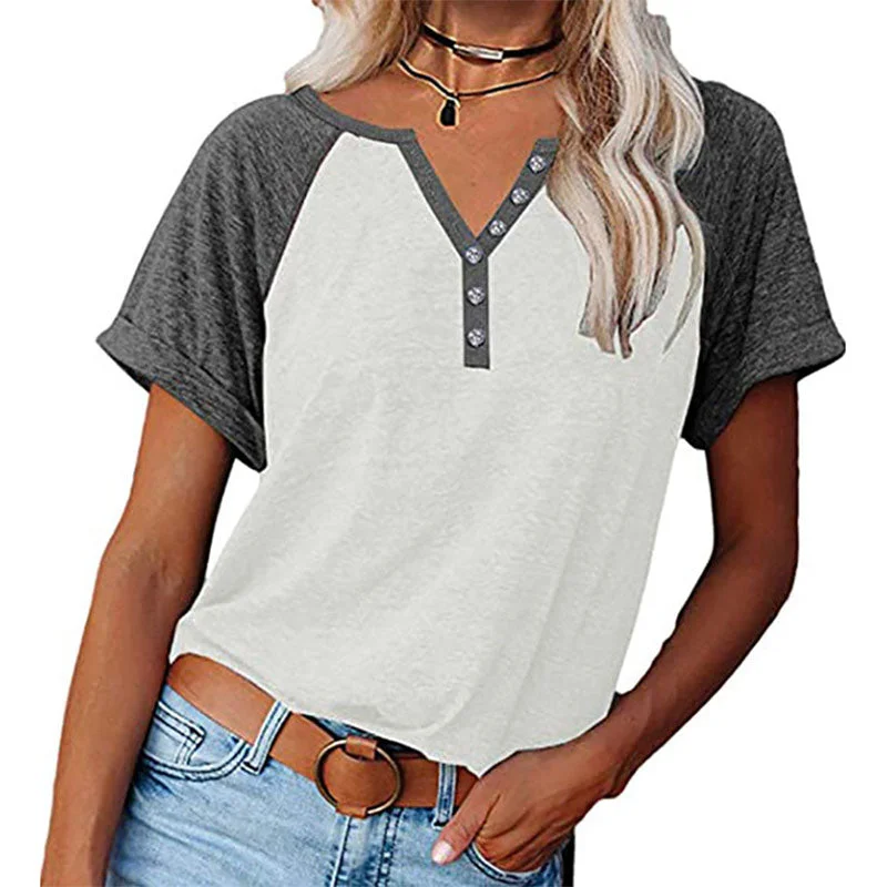 Women Color Matching V-Neck Short Sleeve Top T-Shirt Loose Blouse Pullover Tunic