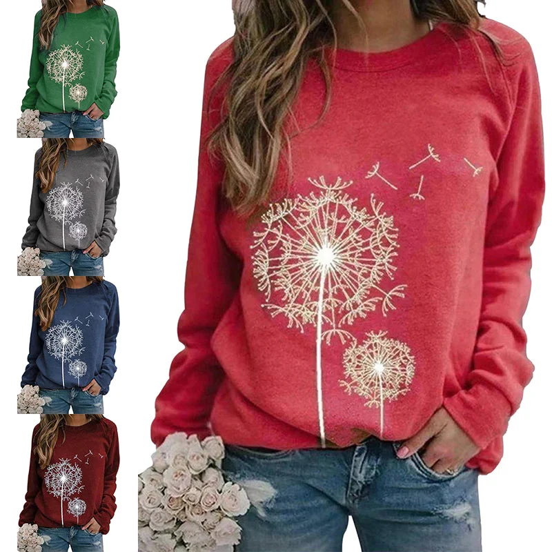 Women Dandelion Printed Long Sleeve T-Shirt Pullover Blouse Tops Tunic Plus Size