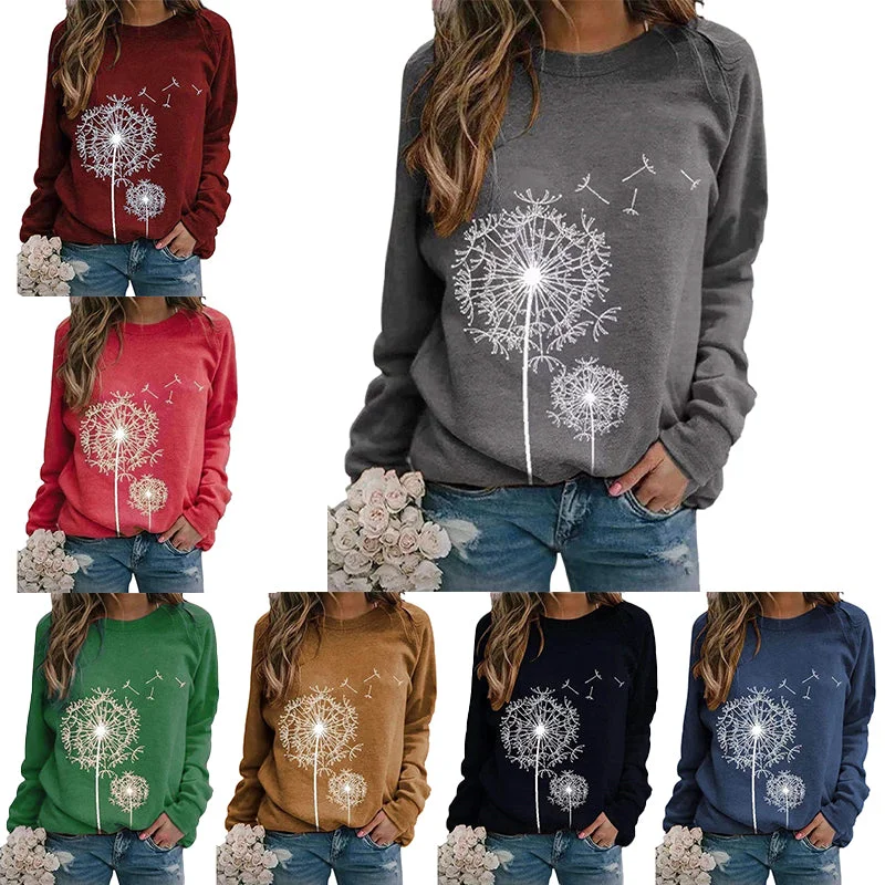 Women Dandelion Printed Long Sleeve T-Shirt Pullover Blouse Tops Tunic Plus Size