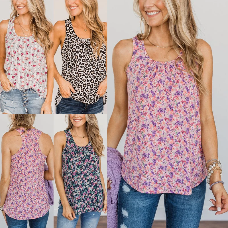 Women Floral Print Tank Tops Casual Loose Sleeveless Scoop Neck Vest Summer Fashion Leopard T-Shirt