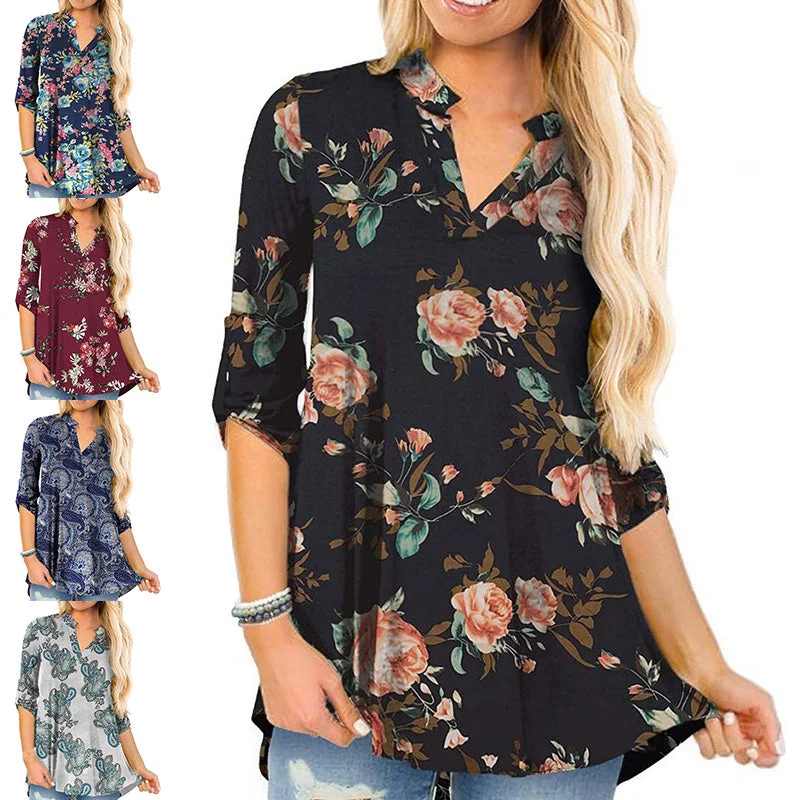 Women Floral Printed V Neck Long Sleeve T-Shirt Pullover Blouse Tops Tunic Tee