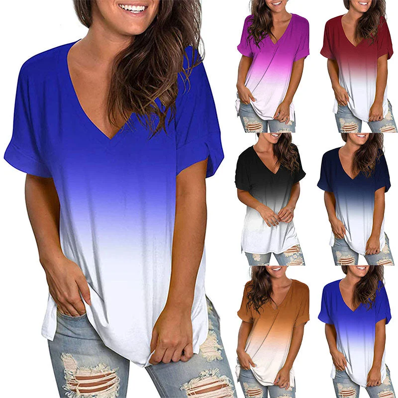 Women Gradient V-Neck Short Sleeve Tops Casual T-Shirt Blouse Pullover Tunic Tee