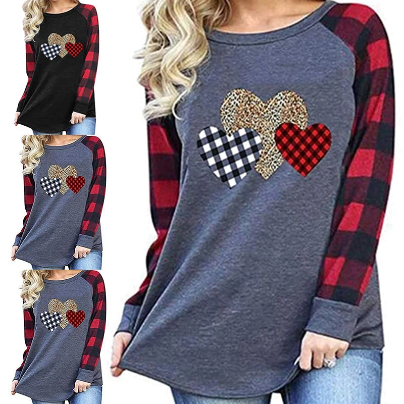 Women Heart Printed Top T-Shirt Crew Neck Blouse Long Sleeve Pullover Sweatshirt