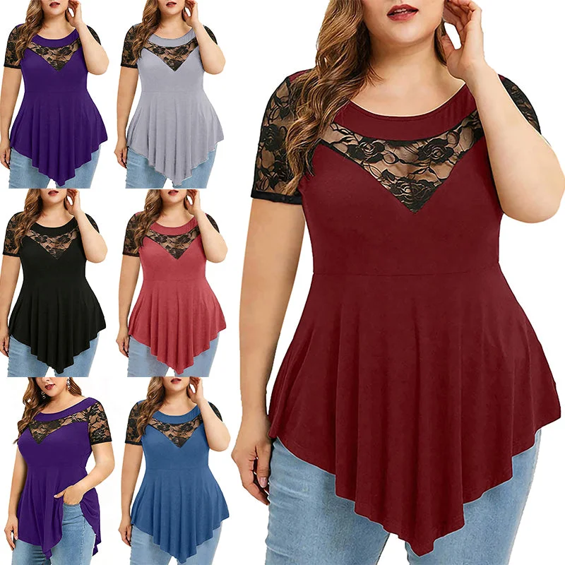 Women Lace Splicing Short Sleeve Tops Casual T-Shirts Blouse Pullover Tunic Tee