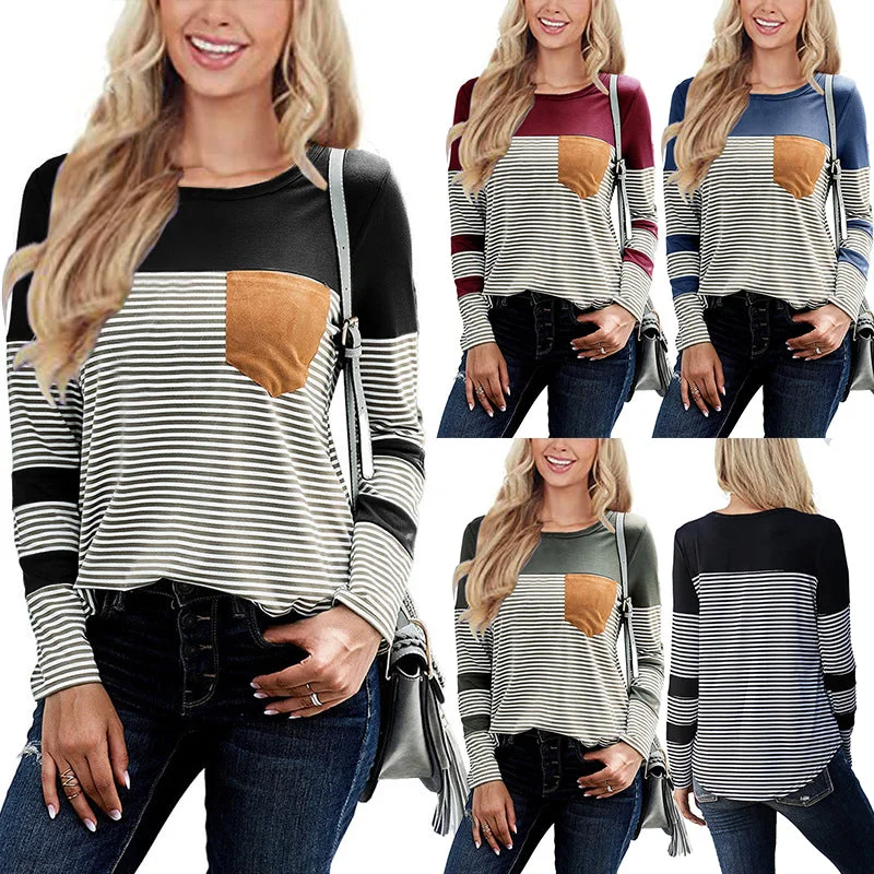 Women Long Sleeve Crew Neck Striped Print T-Shirt Pullover Blouse Tunic Tee Tops