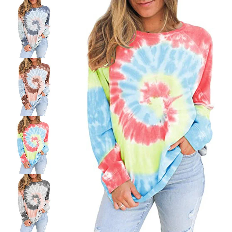 Women Long Sleeve Tie Dye Print Tops T-shirt Casual Loose Blouse Pullover Tunic