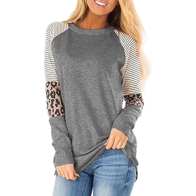 Women Long Sleeve Tops Leopard Splicing Casual Pullover Sweatshirt T-Shirt Tunic