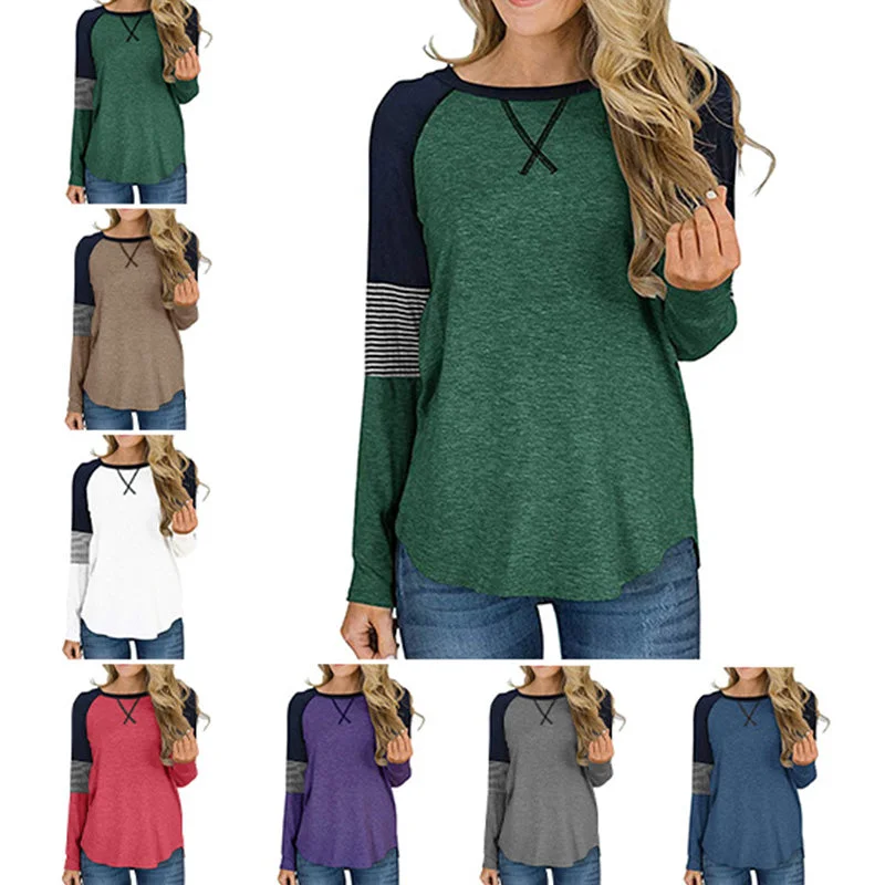 Women Loose T-shirt Long Sleeve Casual Sweatshirt Tops Stitching Blouse Pullover