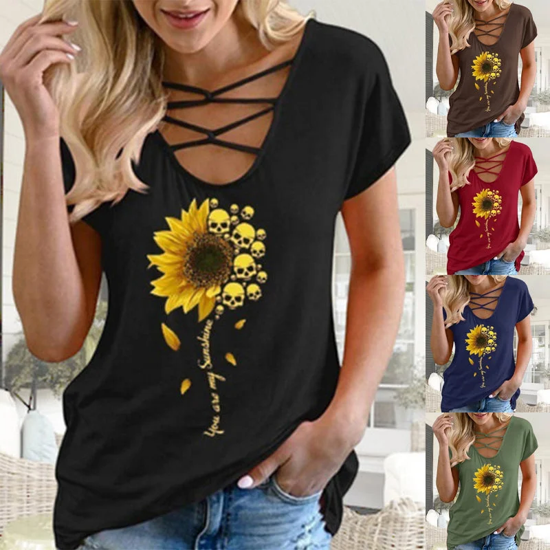 Women Sexy Short Sleeve Blouse Shirt Summer Casual Beach T-shirt Ladies Criss Cross V Neck Tunic Tops Tee