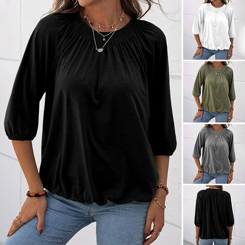 Women Solid Color Crew Neck Ruched 3/4 Sleeve Tops T-Shirt Blouse Pullover Tee