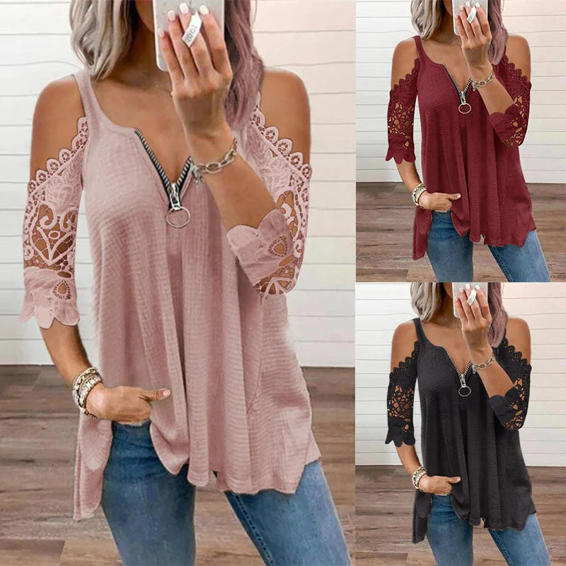 Women Solid Color Hollow Lace Sleeve Strappy Casual Tops T-Shirt Blouse Pullover