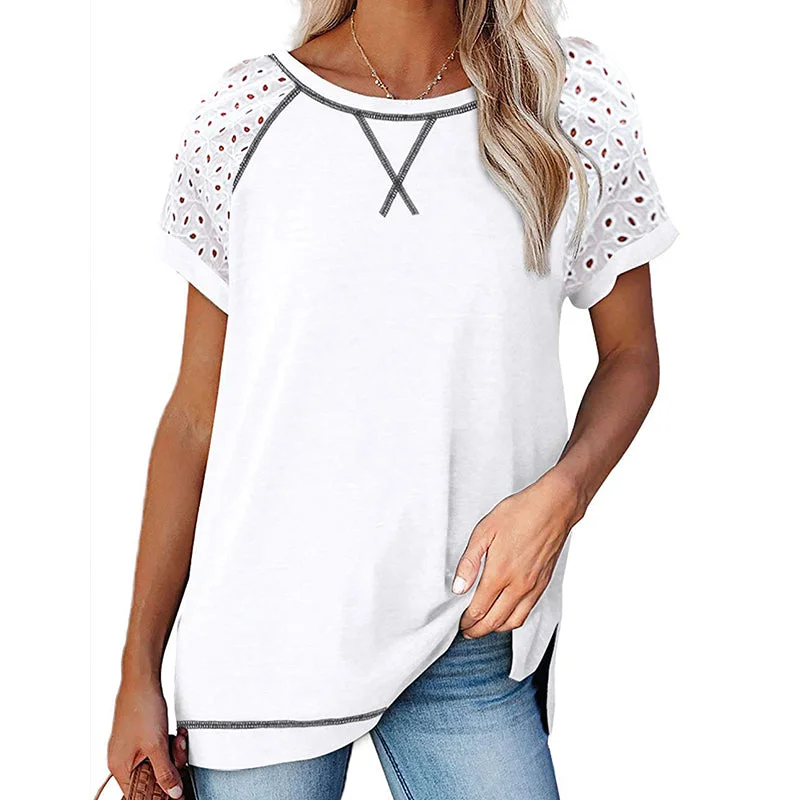 Women Solid Hollow Crew Neck Tops Short Sleeve T-Shirt Casual Pullover Loose Blouse Summer Tee Shirt Side Slit