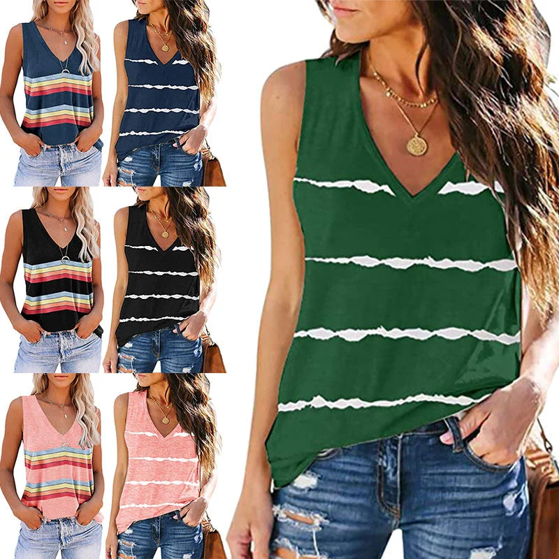 Women Stripe V-Neck Vest Tank Top Sleeveless T-Shirt Loose Pullover Blouse Tee