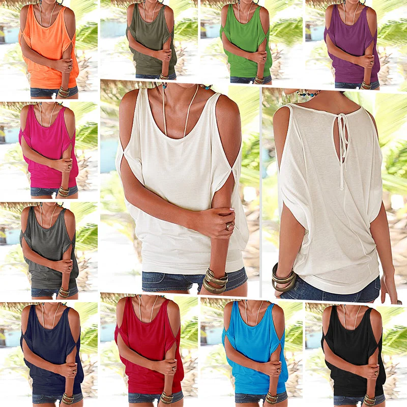 Women Summer Cold Shoulder Loose Top Blouse Ladies Casual Tops T-Shirt Short Bat Sleeve Scoop Neck Baggy Pullover