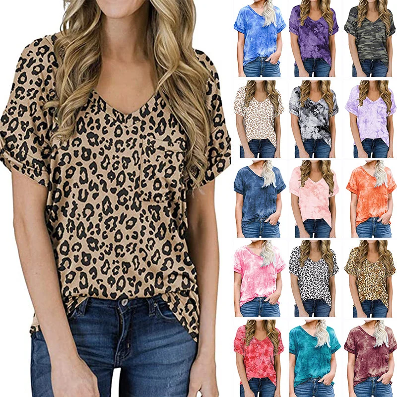 Women V-Neck Tops Short Sleeve Casual Basic T-Shirt Loose Blouse Pullover Tunic