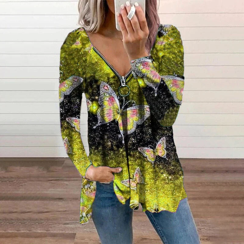 Womens Butterfly Print V Neck Zip T-shirt Long Sleeve Pullover Casual Loose Tops