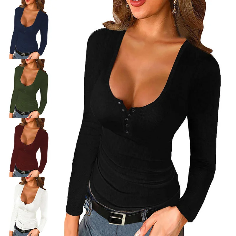 Women's Casual Solid Long Sleeve Top Loose T-Shirt Blouse Pullover Tunic Buttons