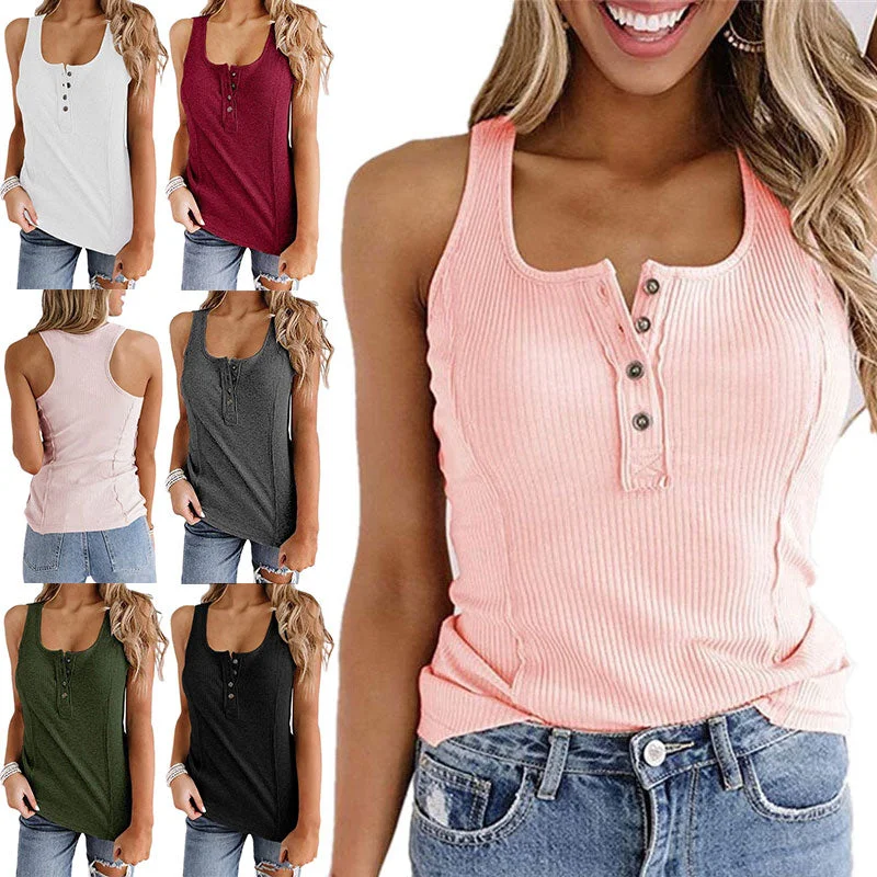 Women's Casual Solid Sleeveless Vest Tank Top Loose T-Shirt Blouse Tops Buttons