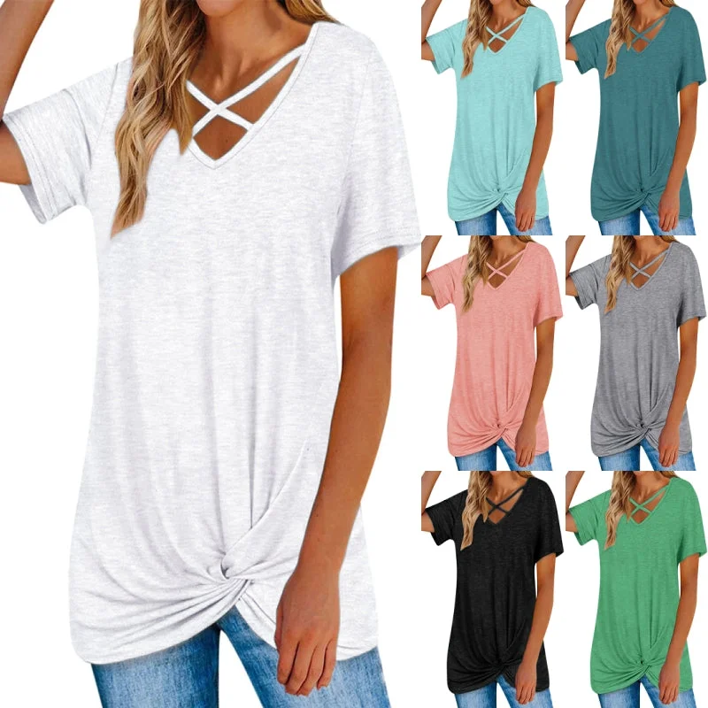 Womens Casual V Neck Short Sleeve Criss Cross T-Shirt Blouse Tops