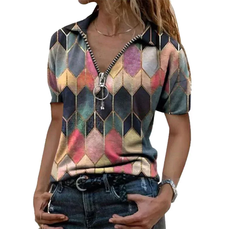 Womens Casual Zip Square Printed Short Sleeve Blouse Pullover Tunic T-Shirt Tops