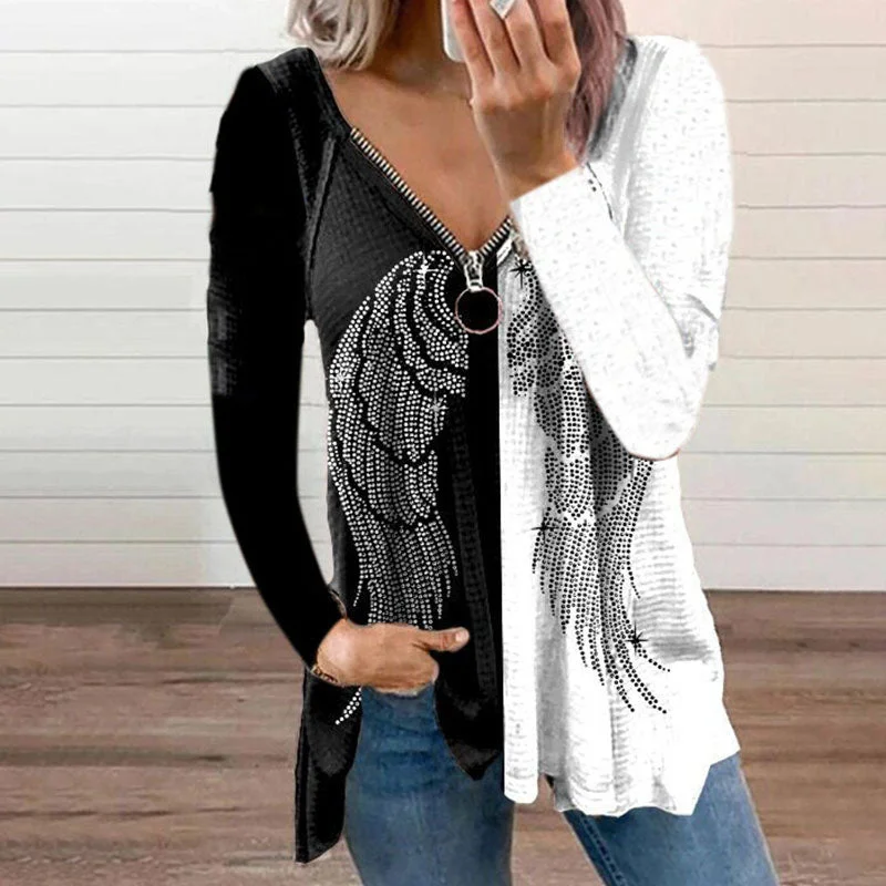 Women's Color Printed V Neck Zip T-shirt Long Sleeve Pullover Casual Loose Tops