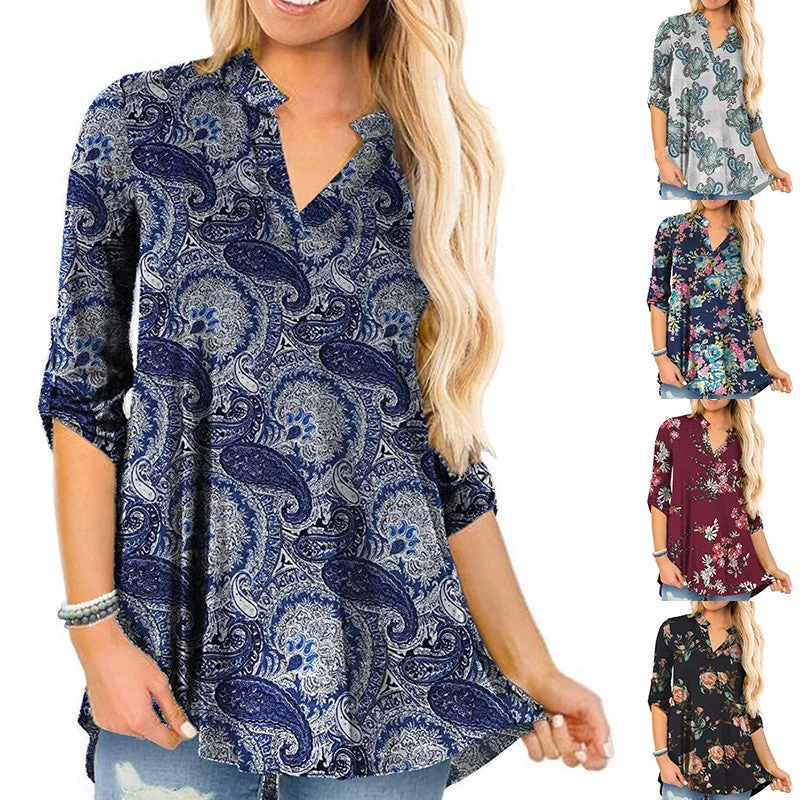 Women's Floral Printed V Neck Long Sleeve T-Shirt Pullover Blouse Tops Tunic Tee