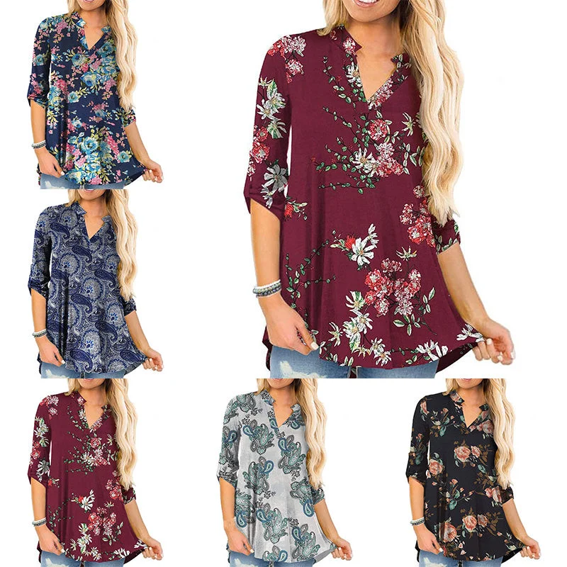 Women's Floral Printed V Neck Long Sleeve T-Shirt Pullover Blouse Tops Tunic Tee