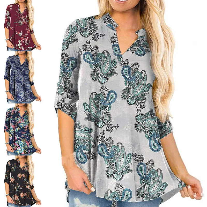 Women's Floral Printed V Neck Long Sleeve T-Shirt Pullover Blouse Tops Tunic Tee