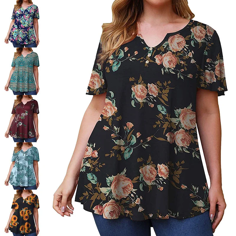 Womens Flower Print Buckle Small V Neck T-Shirt Pullover Summer Short Sleeve Top