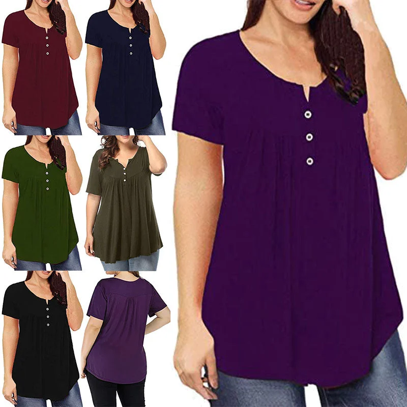 Women's Round Neck Loose Solid Color Pleated Short-sleeved Casual Top T-shirt