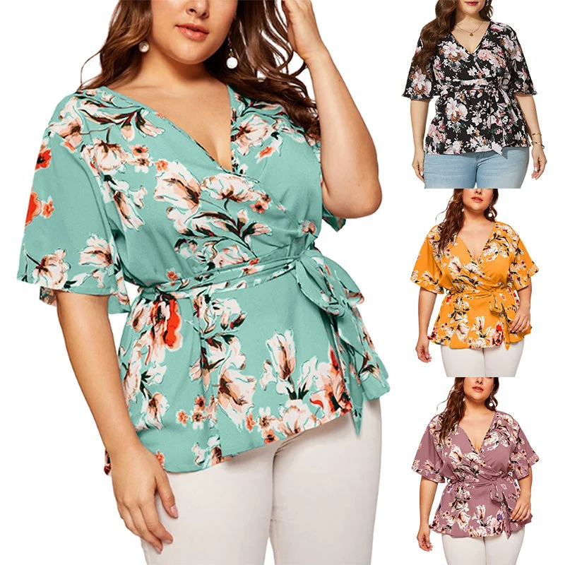 Womens Sexy Floral Printed Short Sleeves Tops T-Shirt Blouses Pullover Oversized