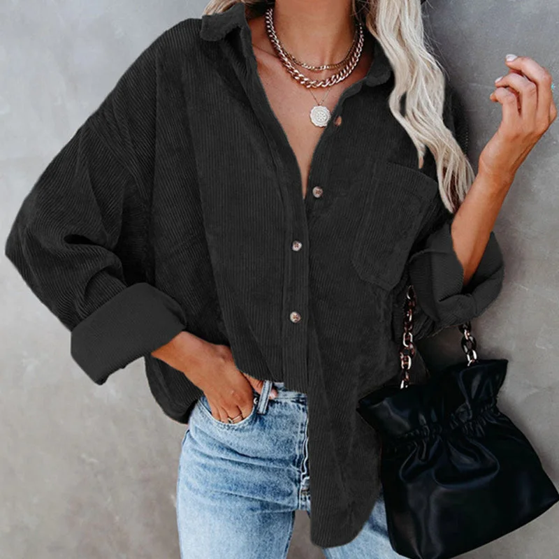 Women's Solid Color Lapel Long Corduroy Sleeve T-Shirt Pullover Blouse Tops Tee