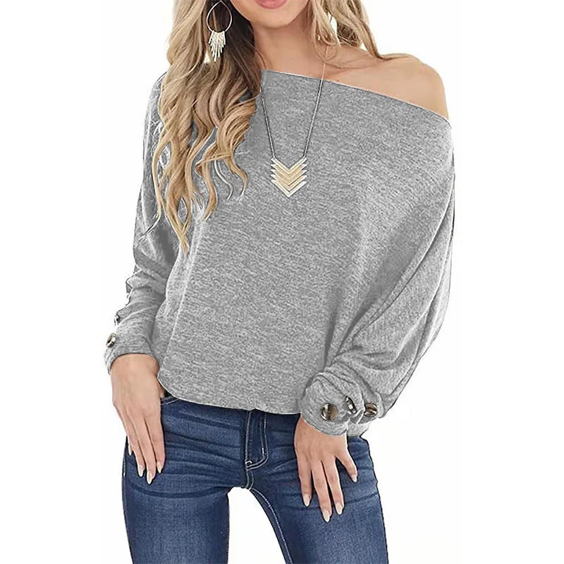 Women's Solid Color One Shoulder Long Sleeve T-shirt Buttons Casual Tops Loose