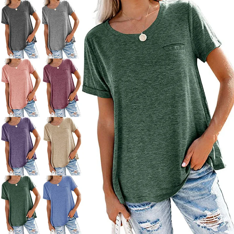 Women's Solid Color Pocket T-Shirt Casual Loose Tops Pullover Blouse Basic Tee