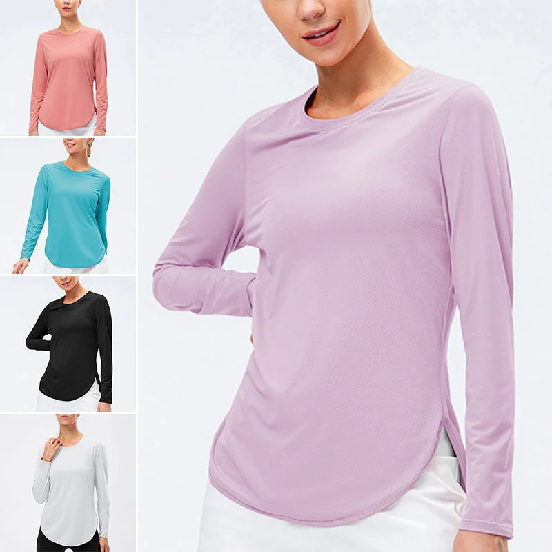 Women's Solid Color Scoop Neck Sport Tops Long Sleeve T-Shirt Pullover Sunscreen