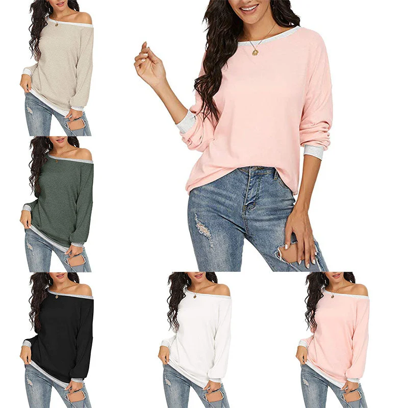 Women's Solid Scoop Neck T-shirt Autumn Long Sleeve Blouse Pullover Casual Tops