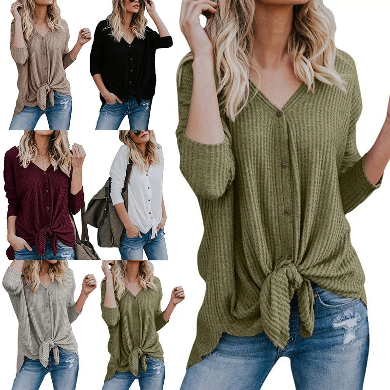 Women's Solid V Neck Long Sleeve Cardigan T-Shirt Pullover Blouse Tops Tunic Tee