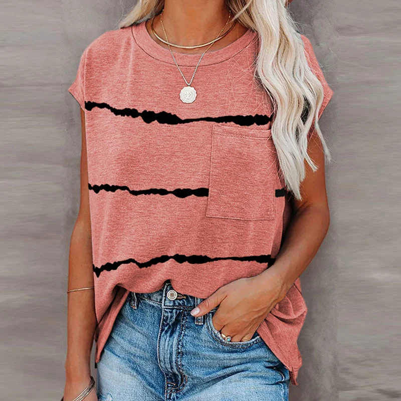 Womens Striped Cap Sleeve Crew Neck Tops T-Shirts