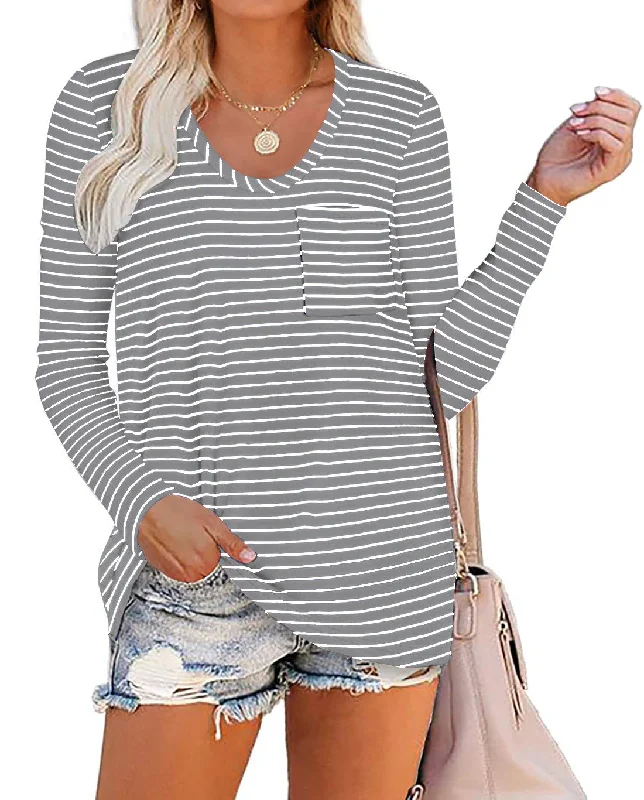 Women's Striped Printed Crew Neck Long Sleeve T-Shirt Pullover Blouse Tops Tunic