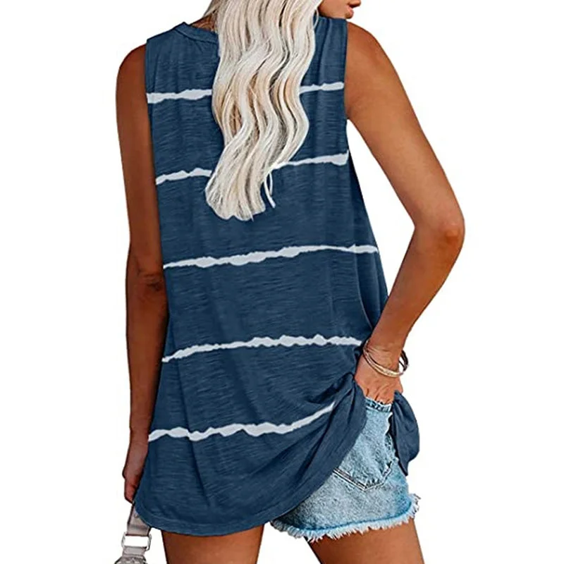 Womens Striped Printed V Neck Vest Tank Tops Summer Sleeveless T-Shirt Pullover