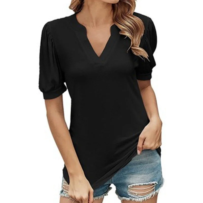 Women's V Neck T-shirts Short Lantern Sleeve Tops Sweet Tee Solid Color Blouse