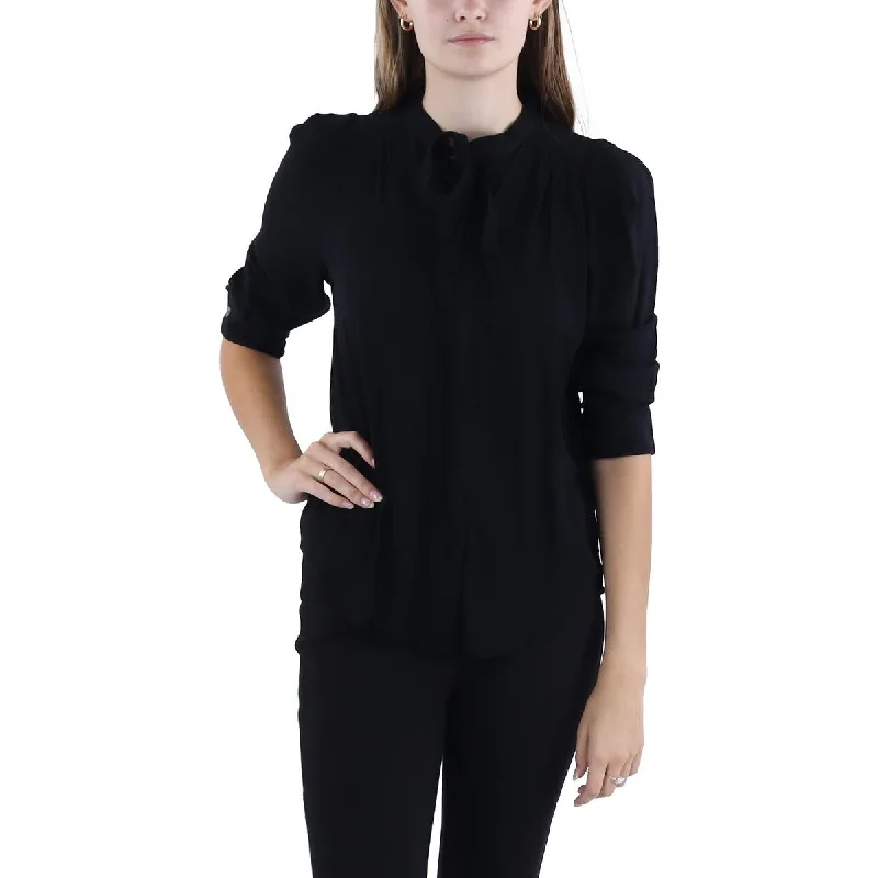 Womens Tie Neck Long Sleeve Button-Down Top