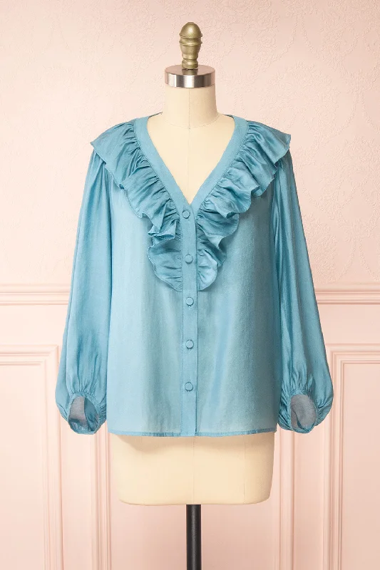 Felicie Blue | Long Sleeve Blouse w/ Ruffle Collar