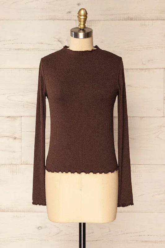 Palencia Brown | Ribbed Long Sleeve Top w/ Frills